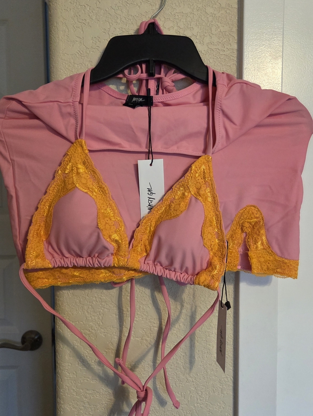 Nasty Gal Pink Triangle Bikini Set with Yellow Lace Trim Skirt To Match - Picture 3 of 5